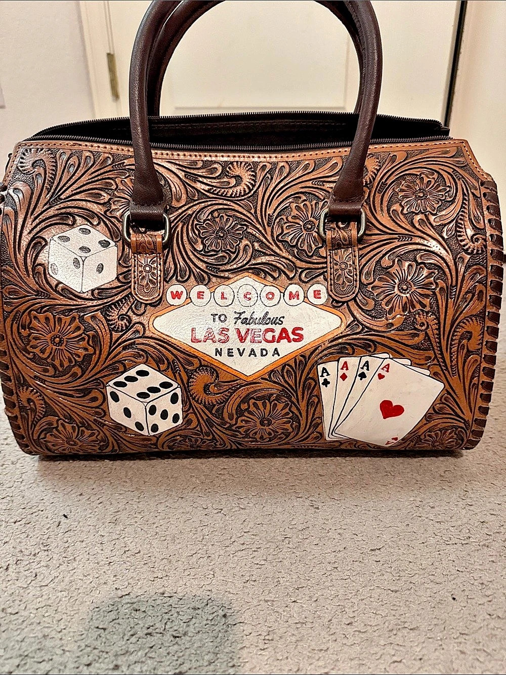 Las Vegas Floral Tooled Satchel in Brown & Black